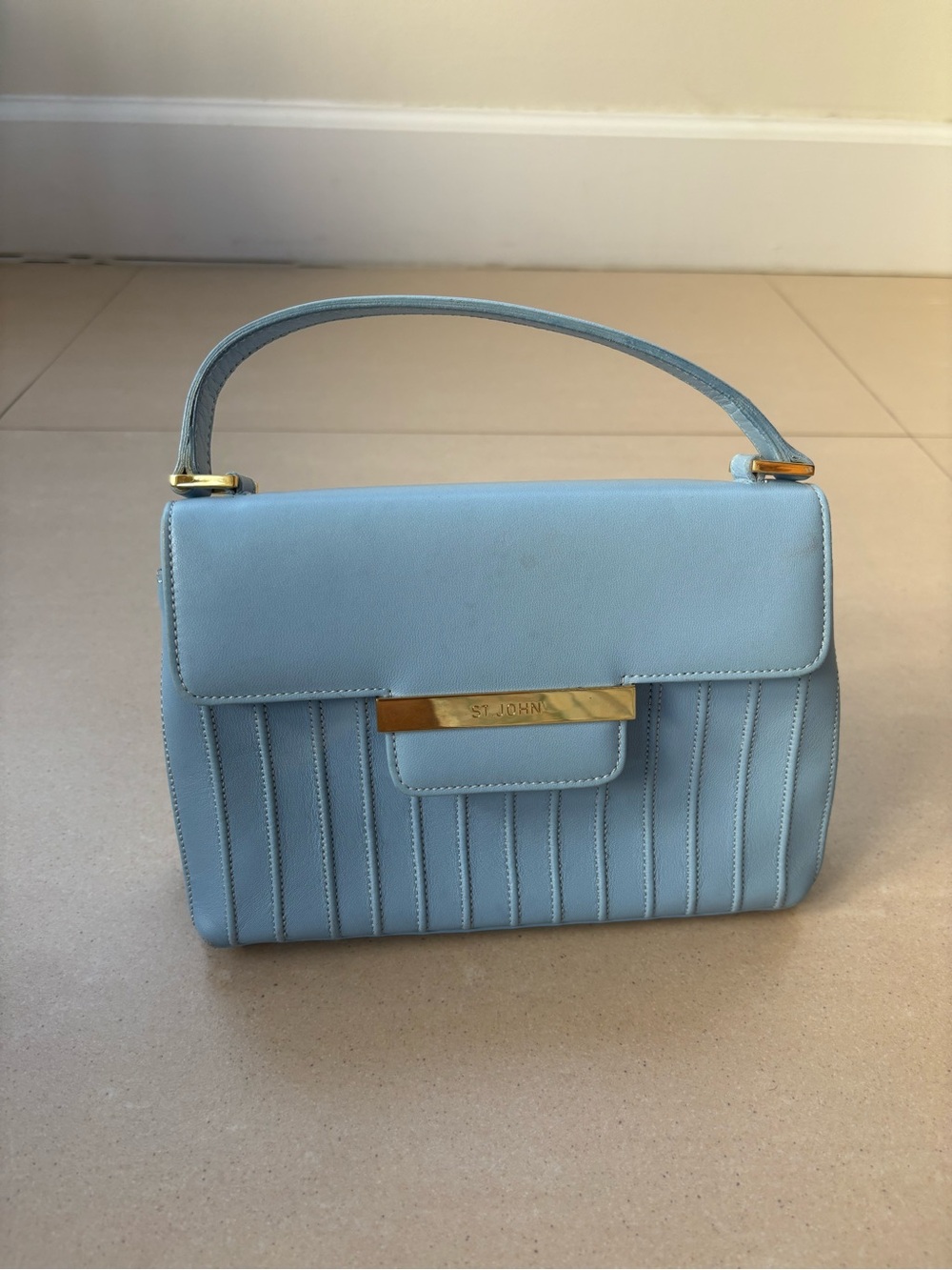 ST JOHN Powder Blue Pleated Top-Handle Shoulder Bag with Gold Accents